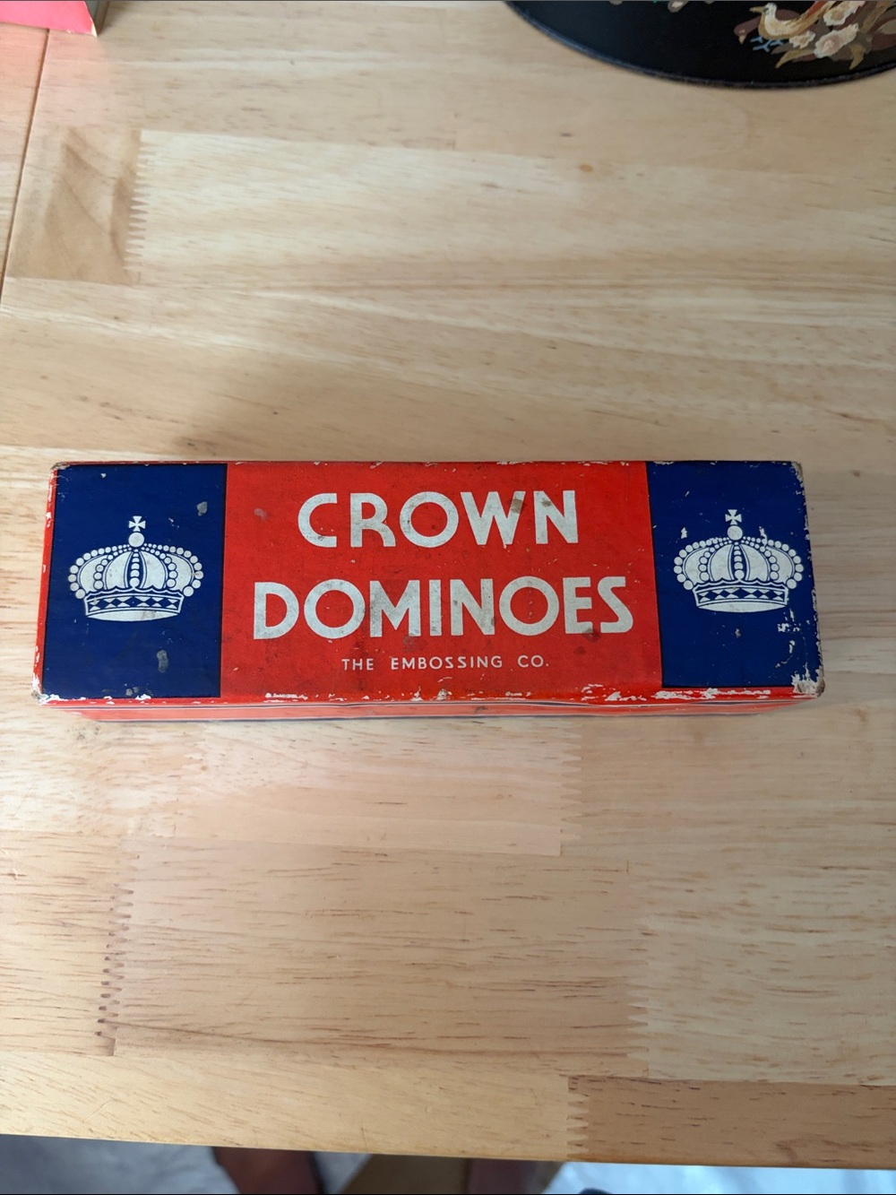 Crown Dominoes Original Cardboard Case in Red, Blue, and White